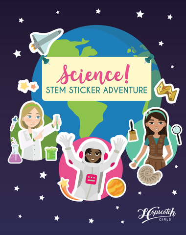 Front Cover of Science! STEM Sticker Adventure from Hopscotch Girls